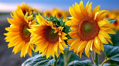 Three Vibrant Sunflowers Blooming In A Sunny Field