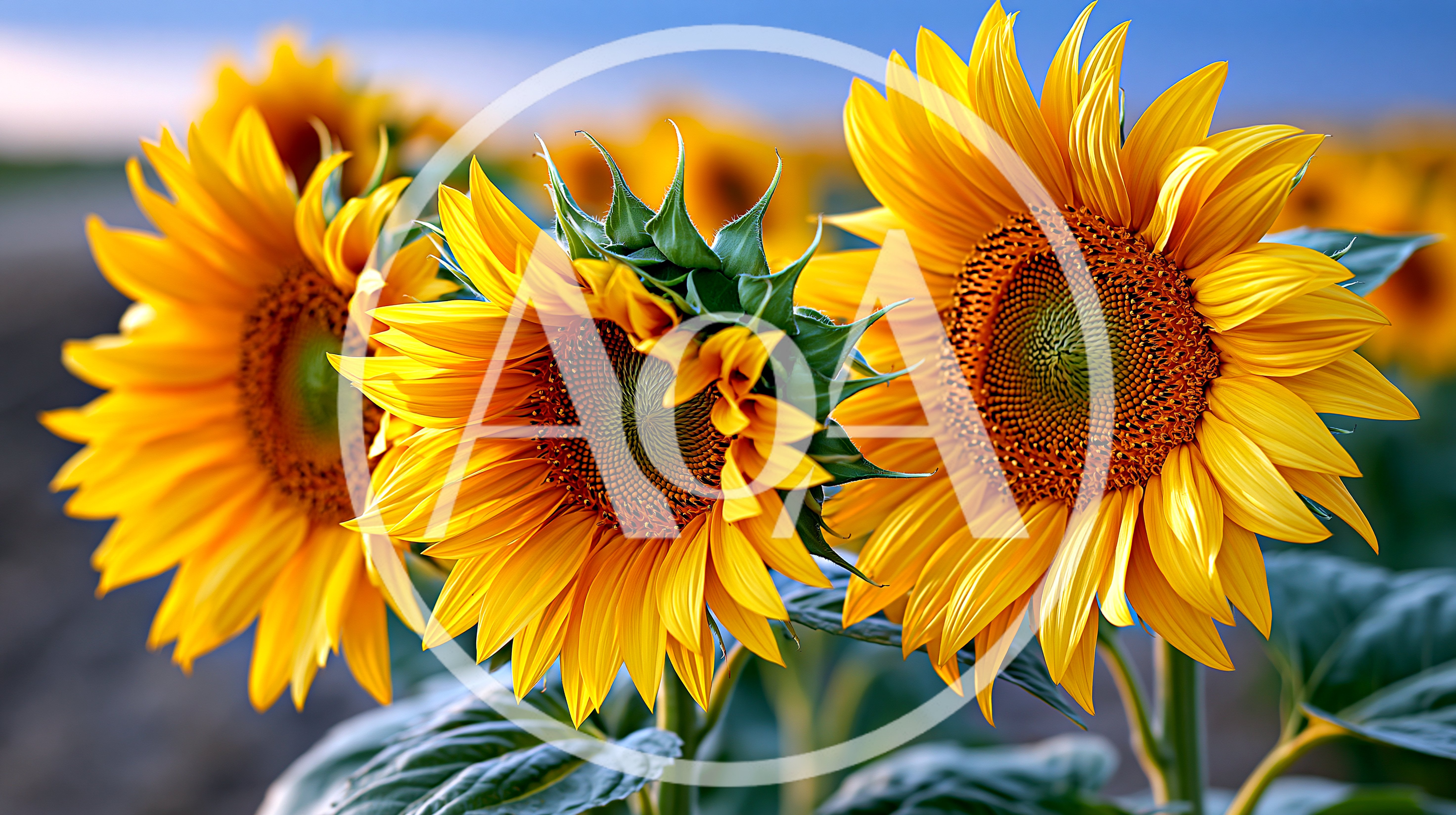 Three Vibrant Sunflowers Blooming In A Sunny Field