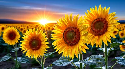 Vibrant Sunflowers Blooming In A Golden Sunset Field