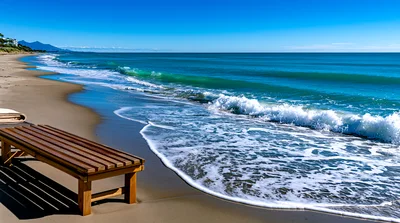 Wooden Lounge Chair On A Sunny Tropical Beach