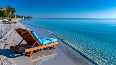 Wooden Beach Lounge Chair On Tropical Shoreline