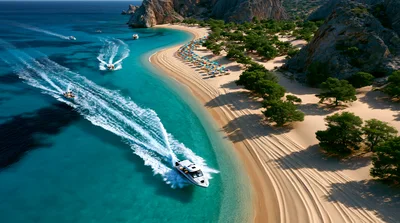 Speedboat Cruising Along A Tropical Beach