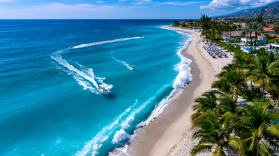 Aerial View Of Speedboats Cruising Along Tropical Beach