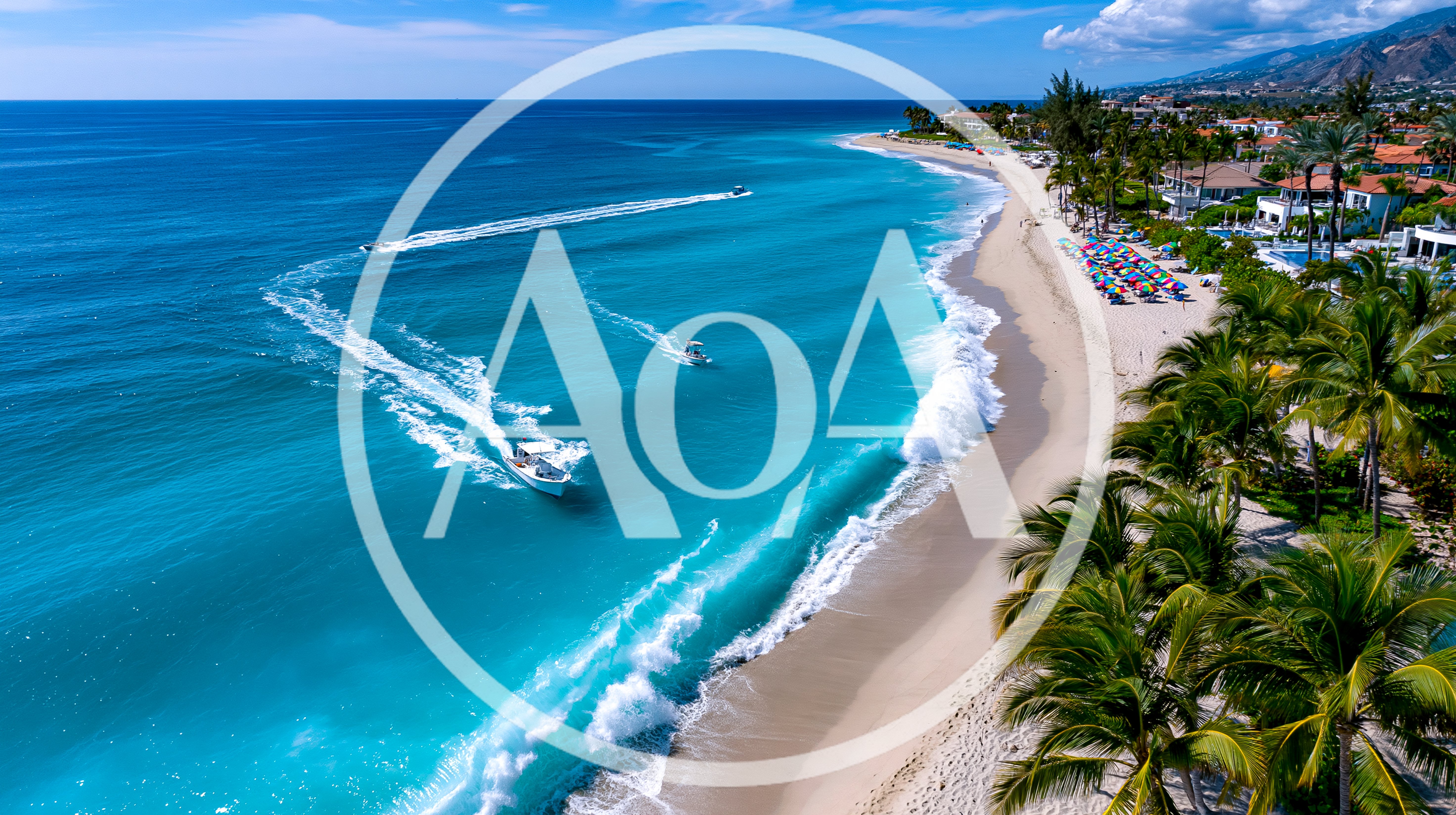 Aerial View Of Speedboats Cruising Along Tropical Beach