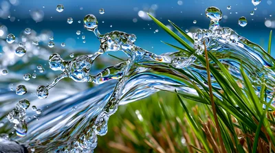 Dynamic Water Splash Over Green Grass Blades
