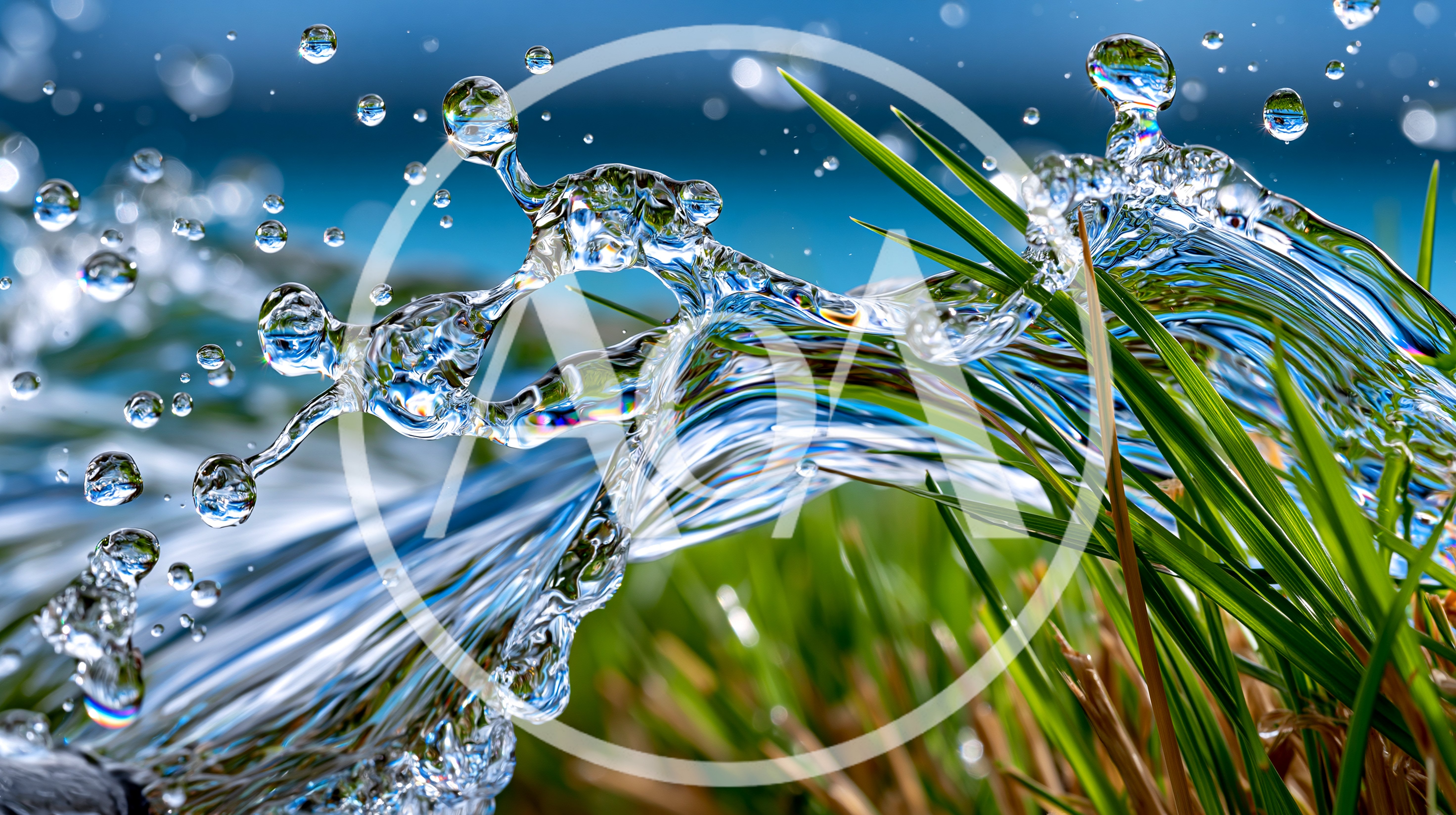 Dynamic Water Splash Over Green Grass Blades