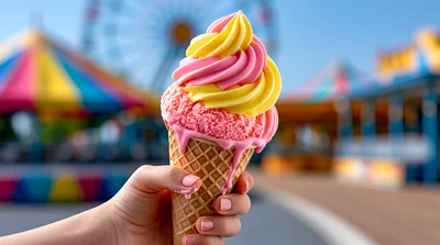 Hand Holding Swirled Ice Cream Cone At Amusement Park