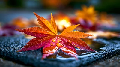Vibrant Autumn Maple Leaf Resting On Wet Stone