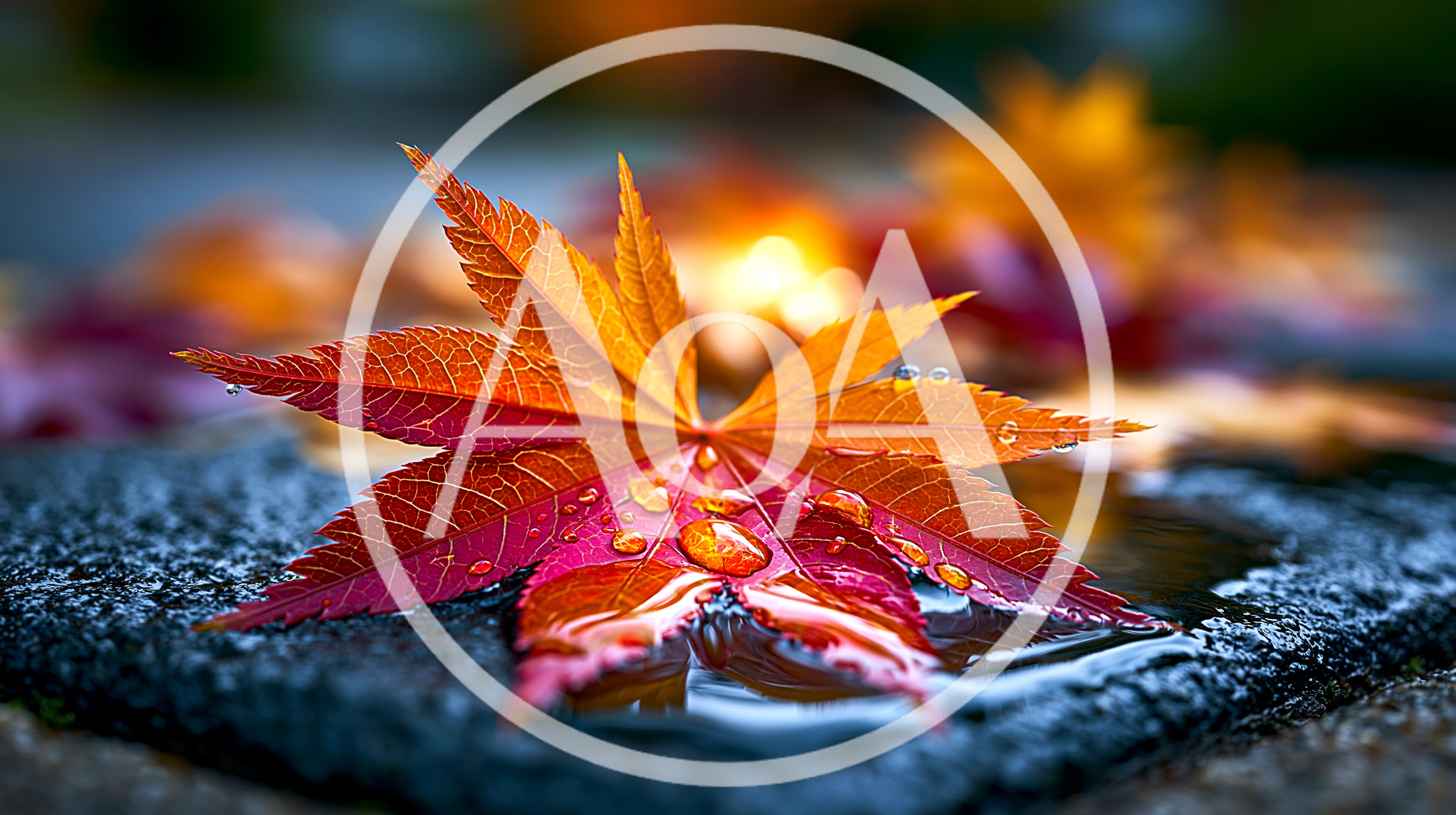 Vibrant Autumn Maple Leaf Resting On Wet Stone