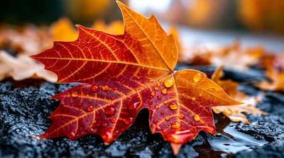 Wet Red Maple Leaf On Dark Asphalt
