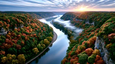 Aerial View Of A Winding River Through Autumn Forest
