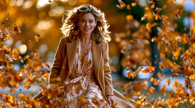 Young Woman Walking Through Falling Autumn Leaves