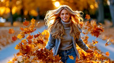 Happy Young Woman Playing With Autumn Leaves