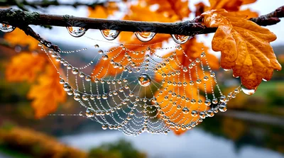 Dew Drops On A Spider Web In Autumn