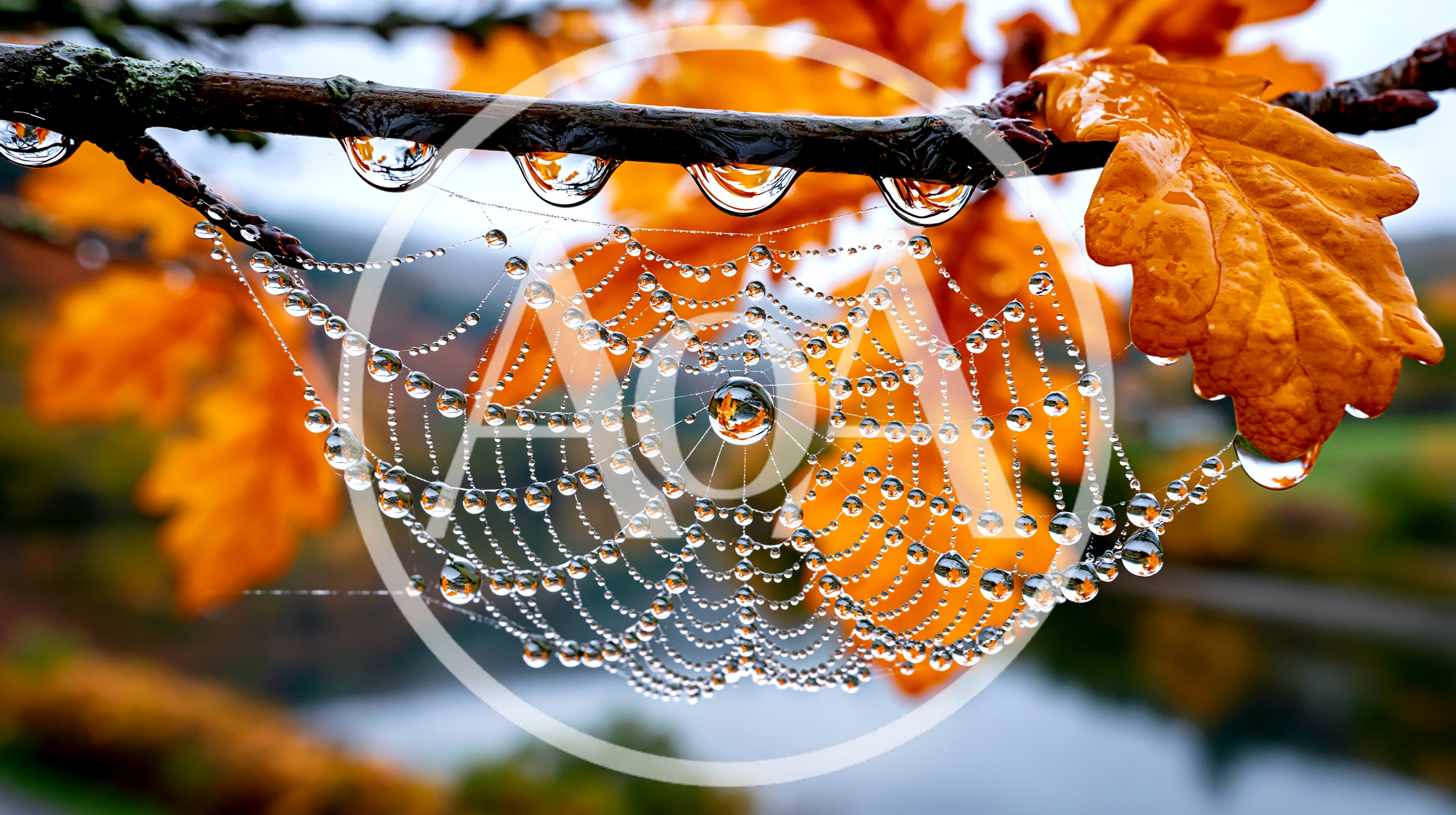 Dew Drops On A Spider Web In Autumn