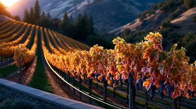 Golden Autumn Vineyard Rows at Sunset