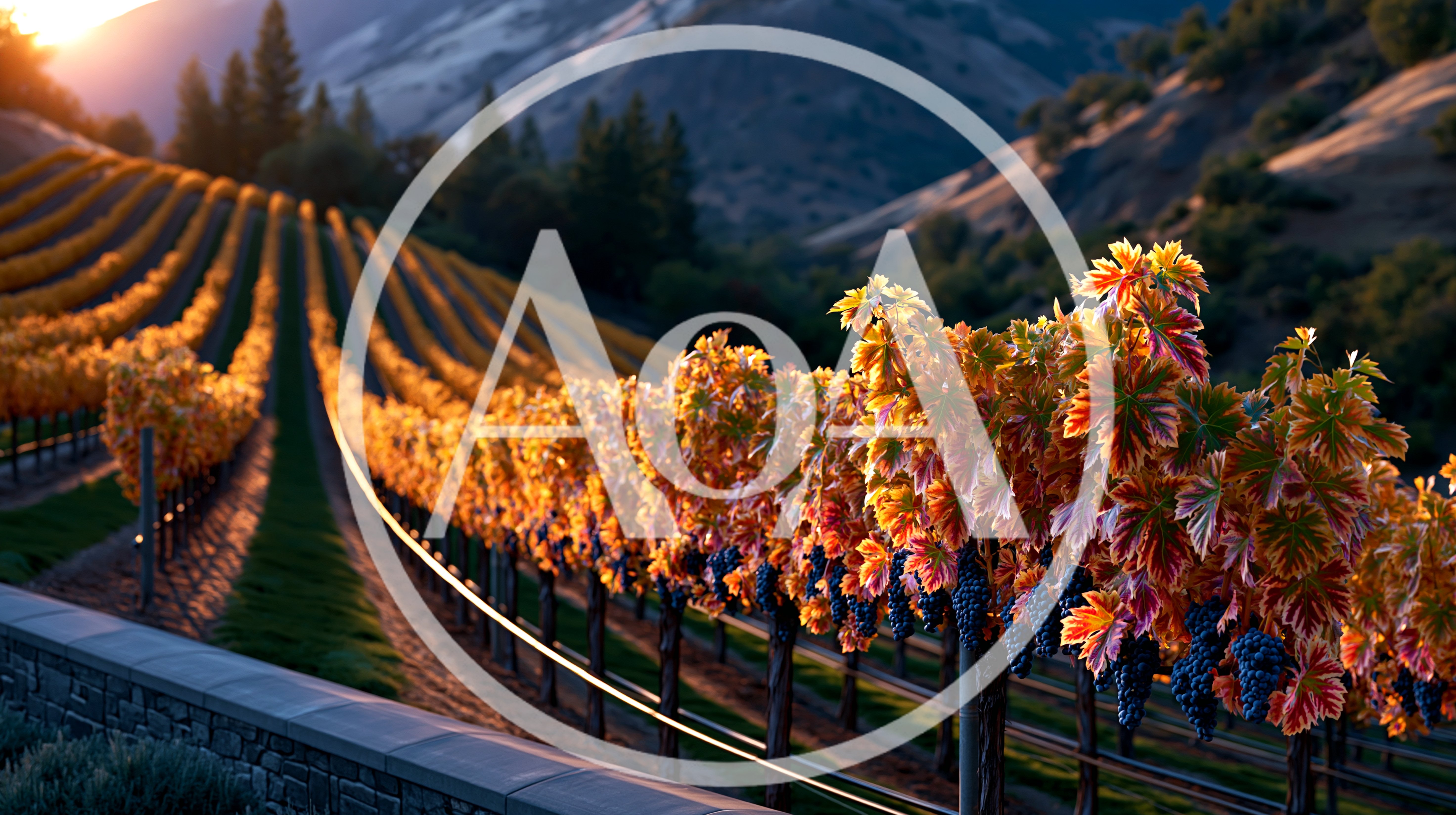 Golden Autumn Vineyard Rows at Sunset