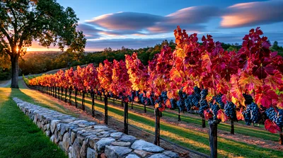 Vibrant Autumn Vineyard Rows At Sunset