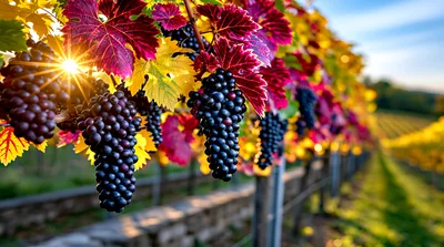 Sunlit Clusters Of Ripe Grapes In A Vineyard