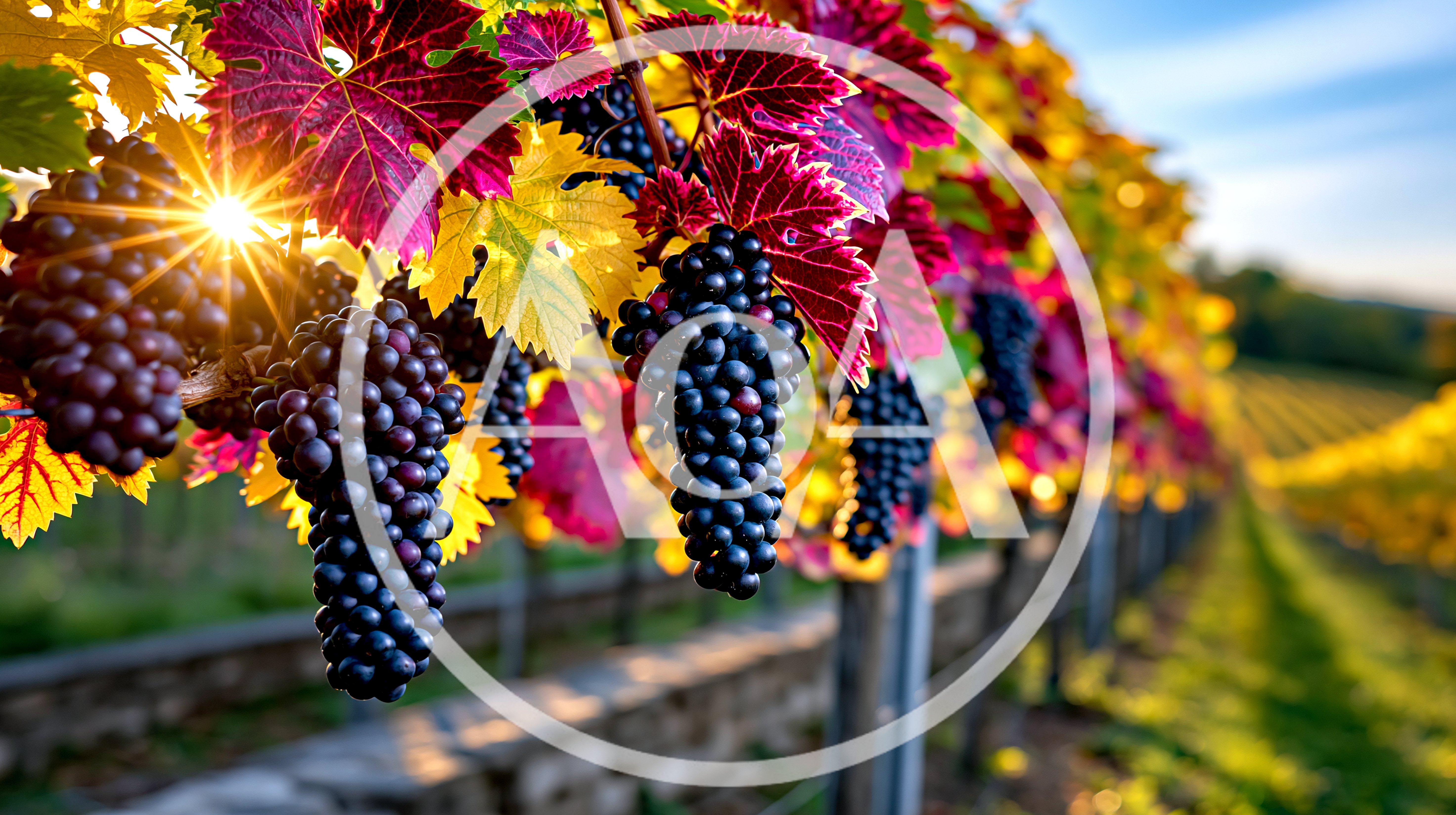 Sunlit Clusters Of Ripe Grapes In A Vineyard