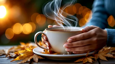 Person Holding A Steaming Cup Of Coffee