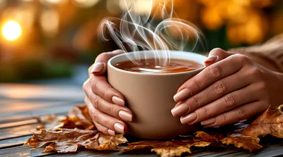 Woman Holding A Steaming Cup Of Tea In Autumn