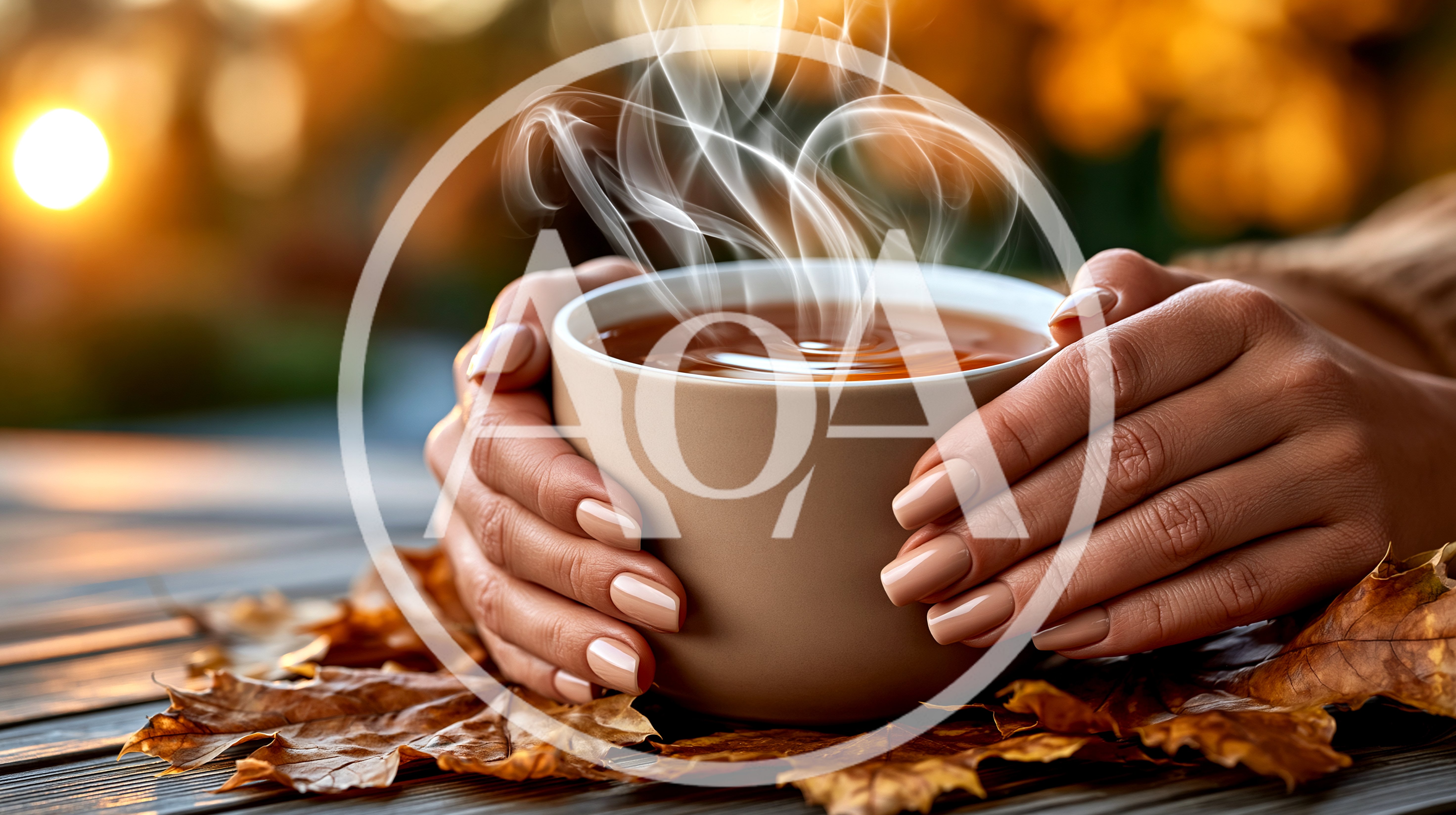 Woman Holding A Steaming Cup Of Tea In Autumn