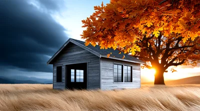 Small Wooden Cabin In A Golden Autumn Field
