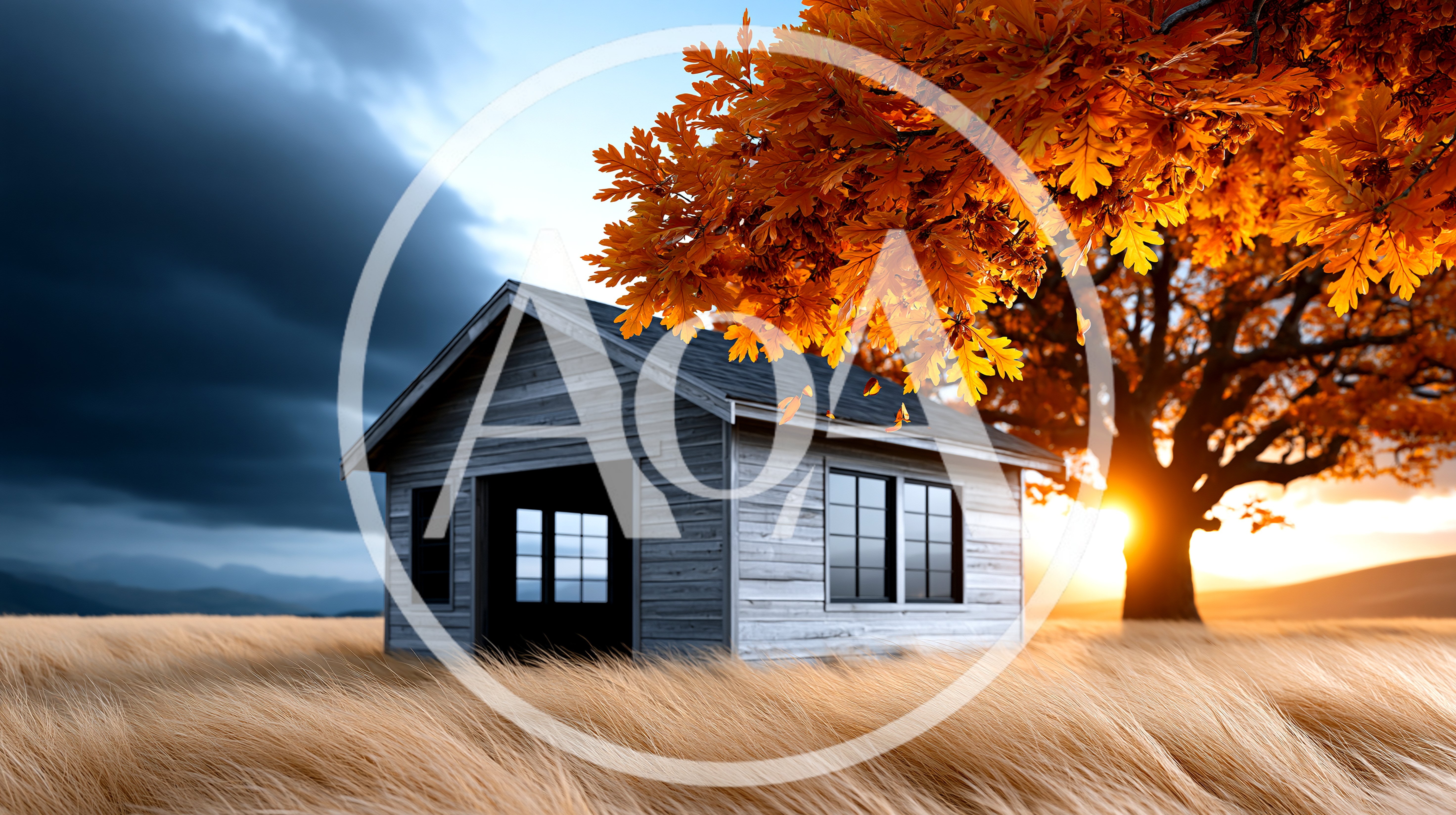 Small Wooden Cabin In A Golden Autumn Field