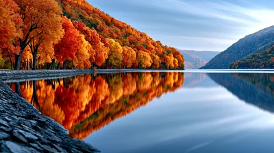 Vibrant Autumn Foliage Reflecting On Calm Lake Surface