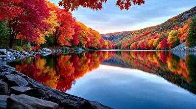 Vibrant Autumn Foliage Reflecting On A Calm Mountain Lake