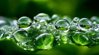 Macro Close Up Of Dew Drops On Green Leaf