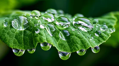 Dew Drops On A Vibrant Green Leaf