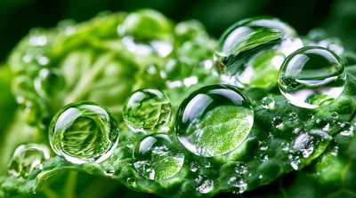 Macro Close Up Of Dew Drops On Green Leaf