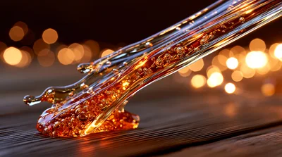 Golden Liquid Pouring Onto Dark Wooden Surface