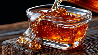 Golden Honey Pouring Into A Glass Bowl