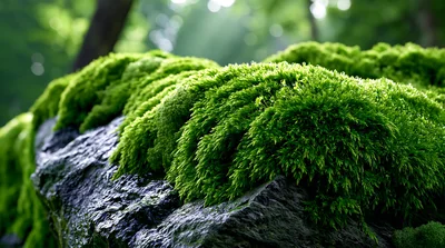 Lush Green Moss Growing On A Wet Rock
