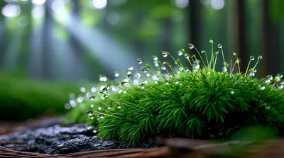 Dew Drops On Vibrant Green Moss In Forest