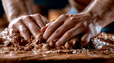 Artisan Hands Kneading Wet Clay On Wooden Table