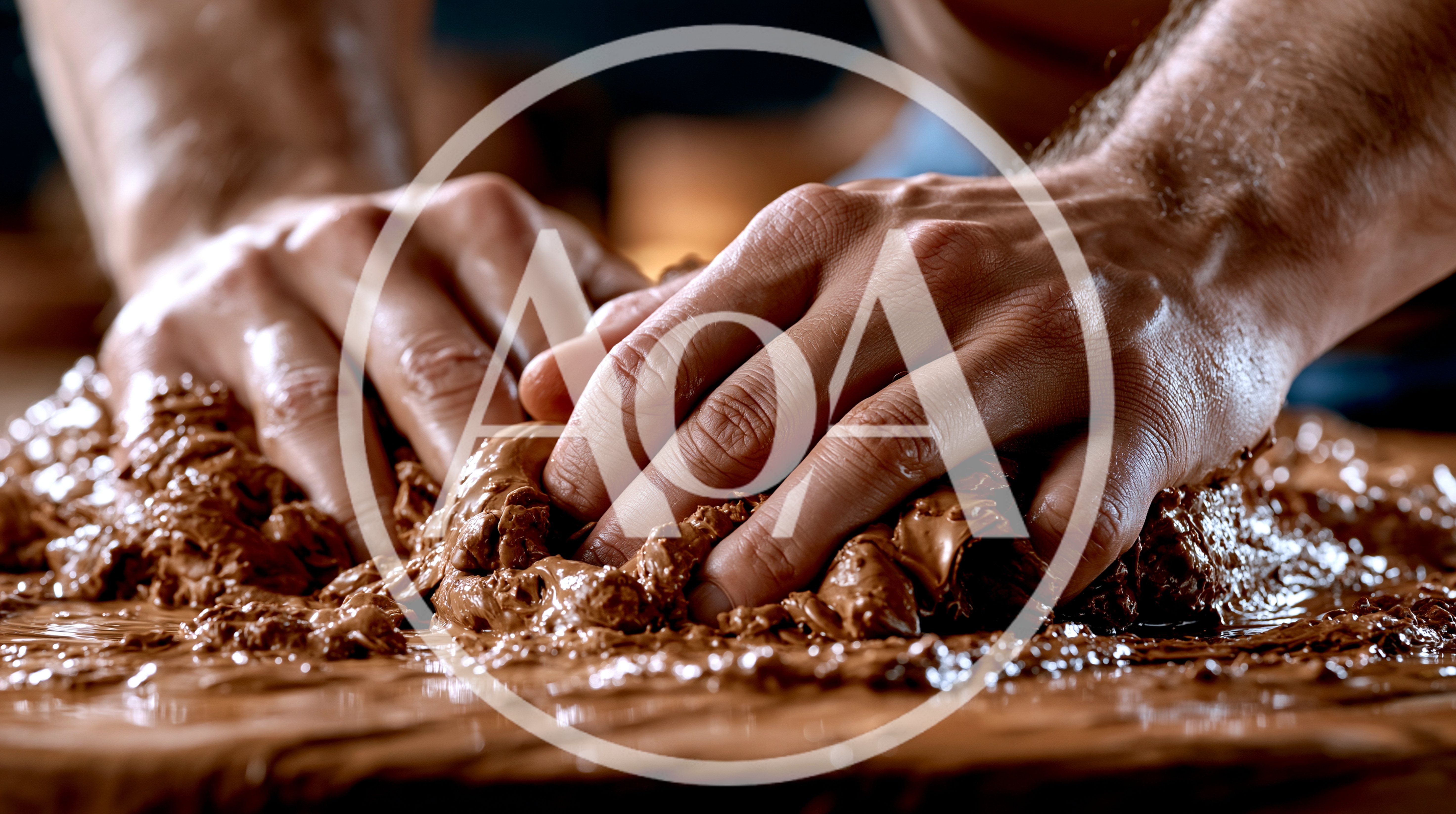 Artisan Hands Kneading Wet Clay On Wooden Table