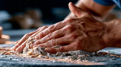 Close Up Of Hands Kneading Dough On Stone Surface