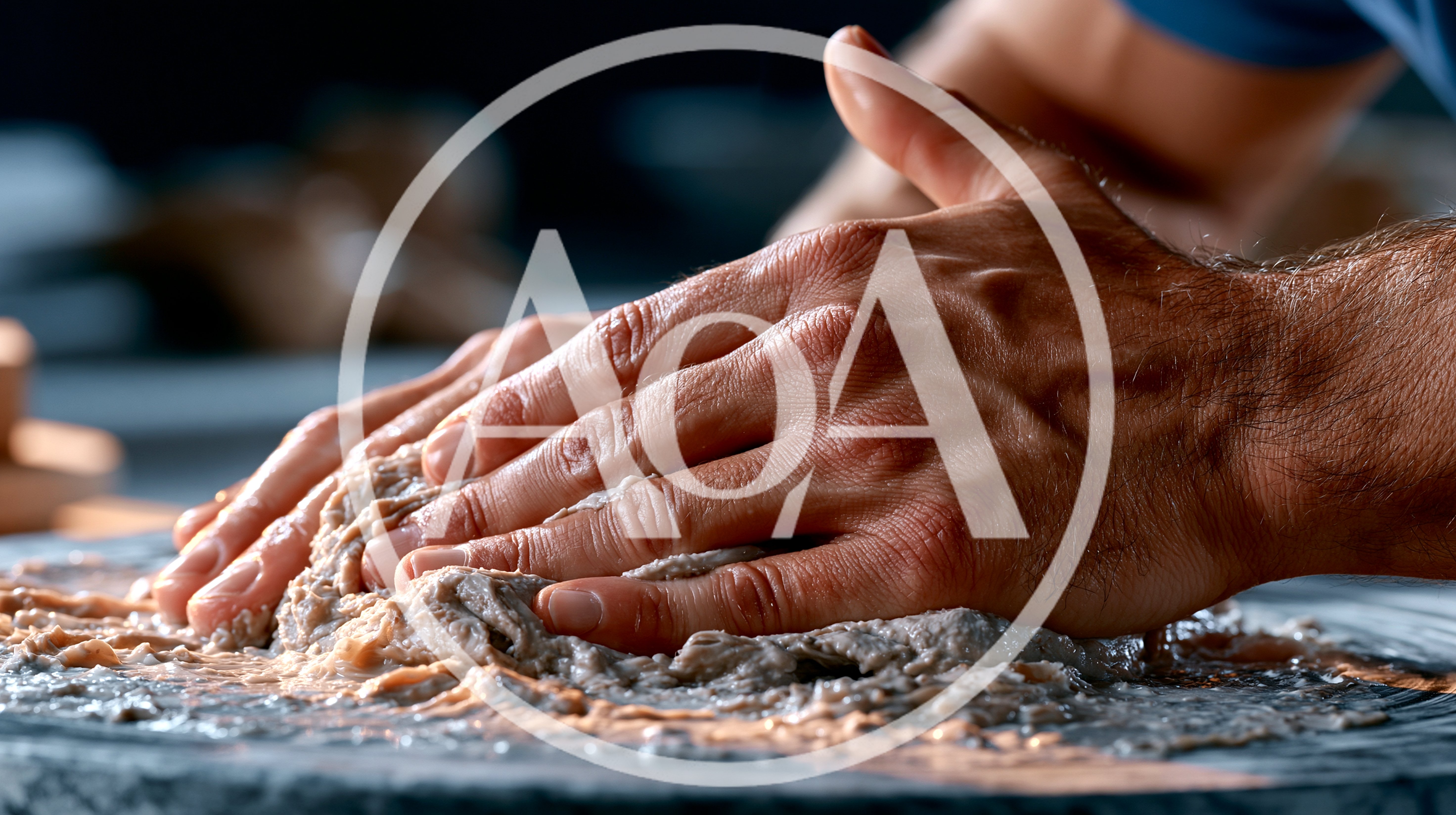 Close Up Of Hands Kneading Dough On Stone Surface