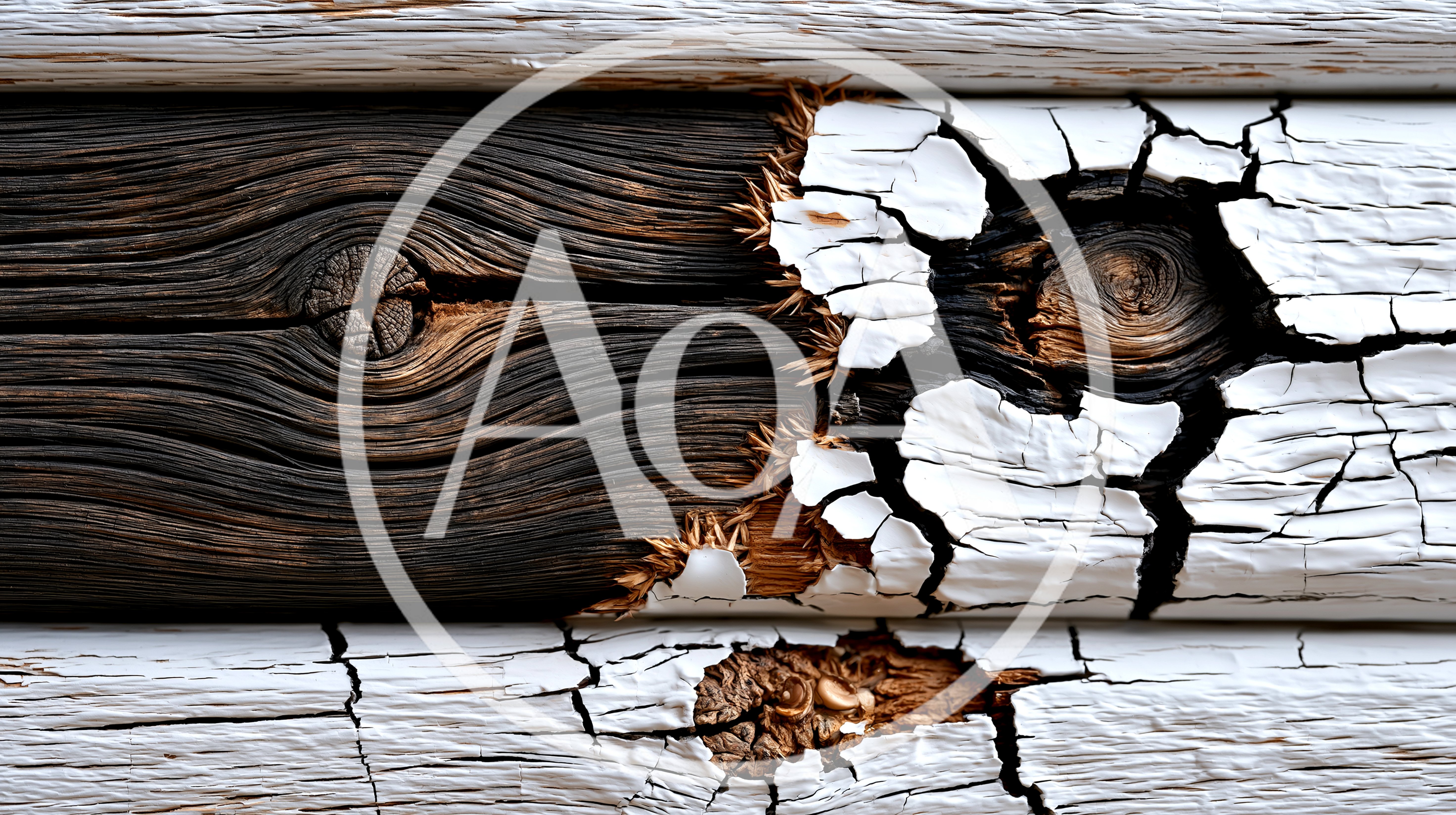 Weathered Log Wall With Peeling White Paint