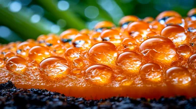 Macro View Of Dew Drops On Orange Fungi
