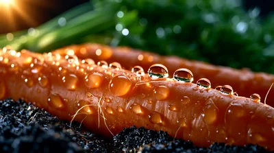 Fresh Carrots With Water Droplets In Soil