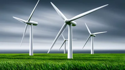 Wind Turbines Generating Renewable Energy In A Green Field