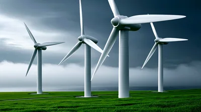 Wind Turbines Standing In A Green Field