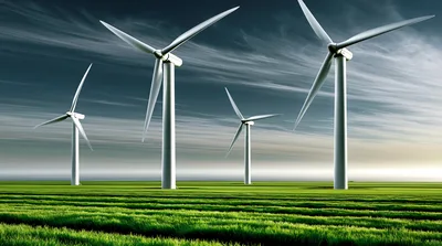 Four Modern Wind Turbines In A Green Field