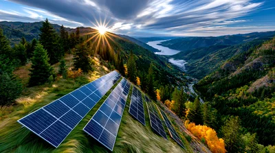 Solar Panels Installed On A Mountain Slope At Sunset
