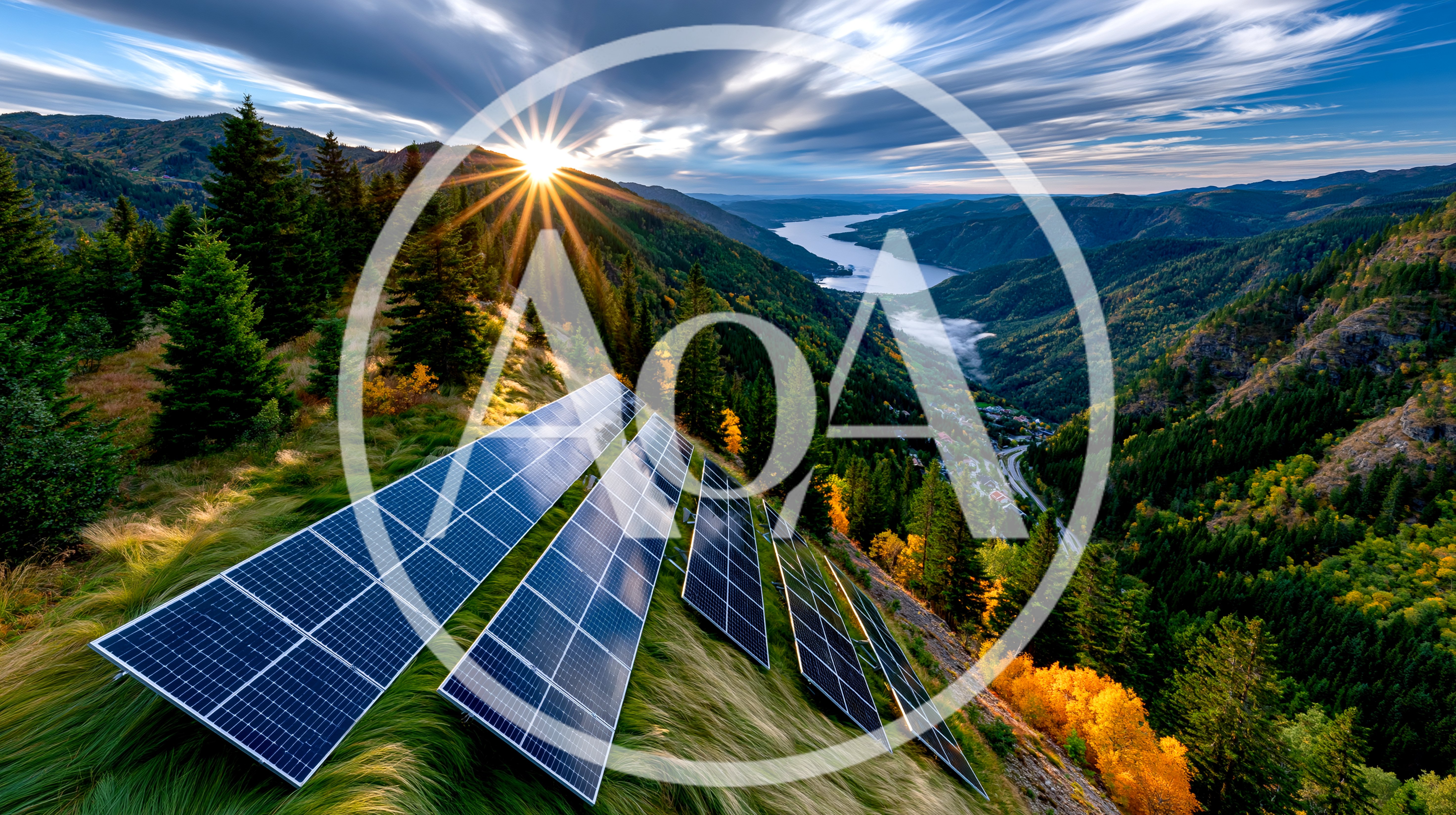 Solar Panels Installed On A Mountain Slope At Sunset